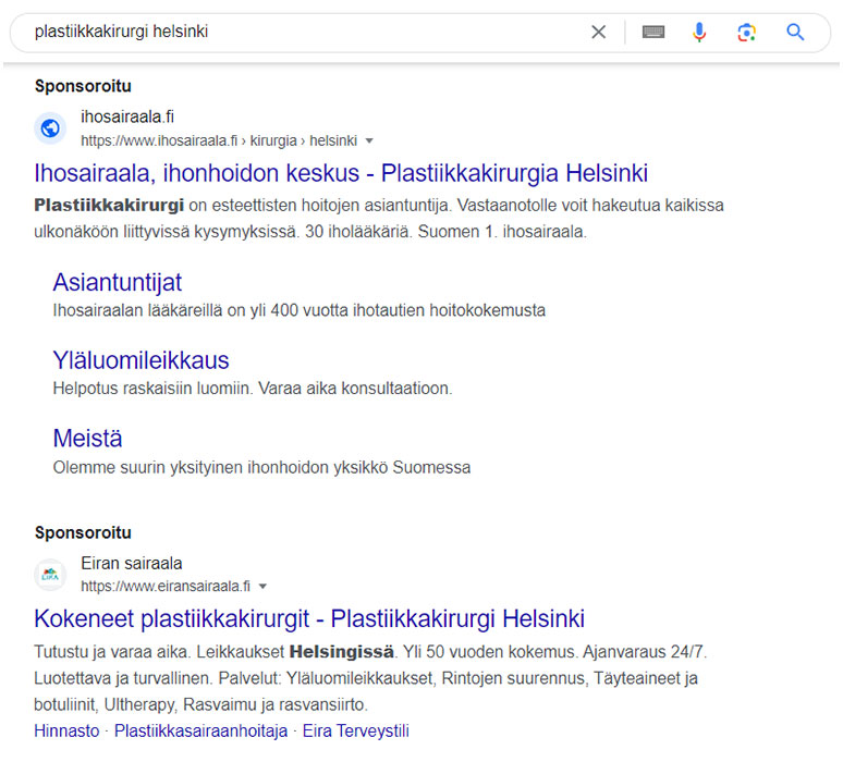 Esimerkki Google-hakusanamainonnasta.