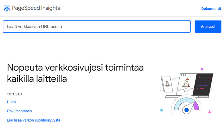 Googlen PageSpeed Insights -työkalu antaa vinkkejä latausnopeuden parantamiseen.
