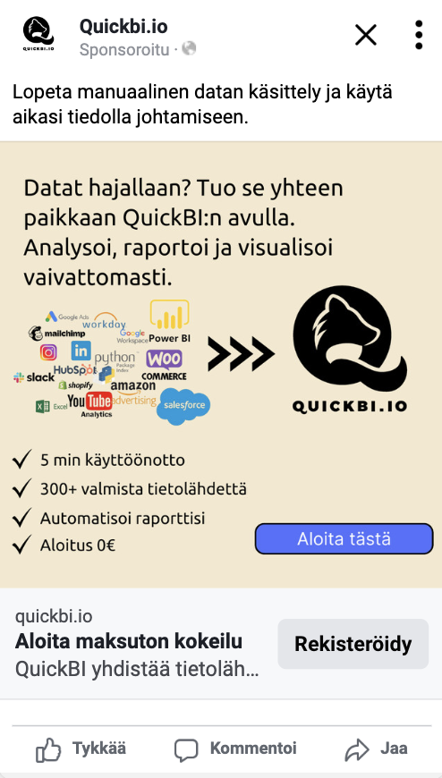 Kuvamainos Facebook-syötteessä puhelimen ruudulla.
