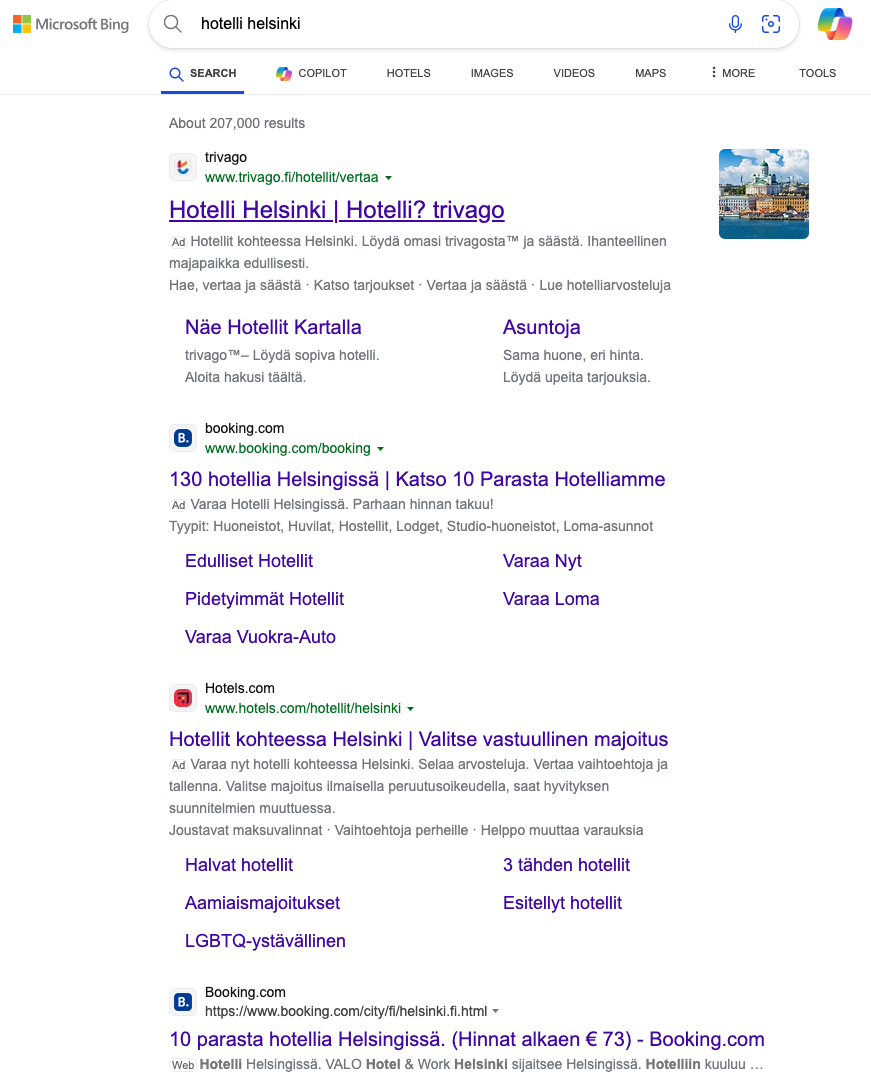 Hotelliyritysten mainoksia Bingin hakutuloksissa hotelli-hakusanalla.