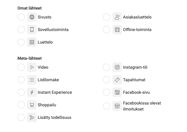 Valikko Facebookin mainostyökalussa, jossa valitaan tietolähde erilaisten retargeting tai remarketing -kohderyhmien muodostamista varten.