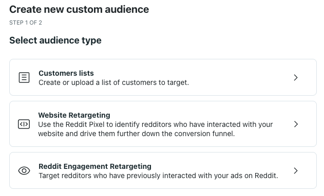 Redditin mainostyökalun custom audience -luontivalikko, jossa voidaan luoda retargeting tai remarketing -kohdeyleisöitä markkinointikampanjoita varten.