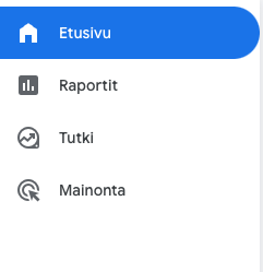 Google Analytics -työkalun päävalikko.