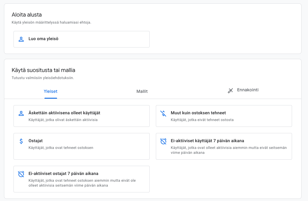 Valikko Google Analytics -työkalussa, jossa voi luoda uusia yleisösegmenttejä keskinäistä vertailua varten.