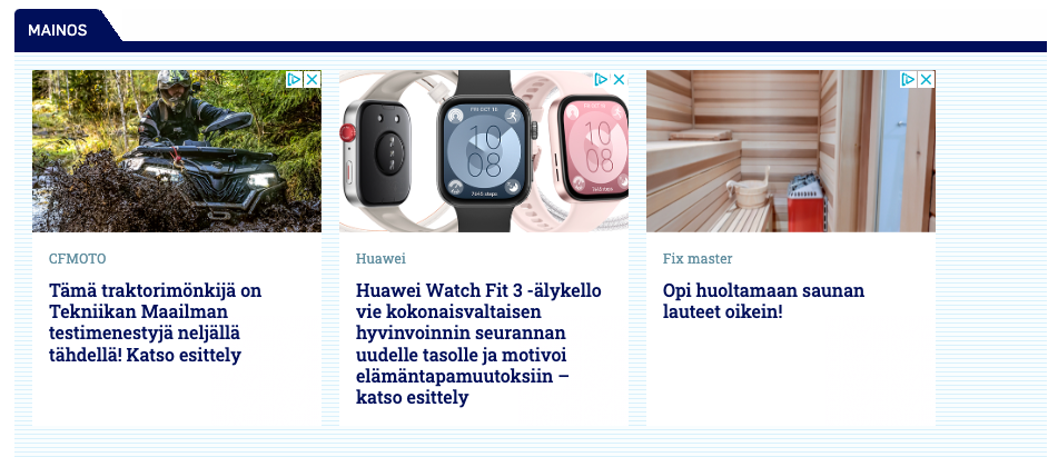 Kolme erilaista natiivimainosta suomenkielisessä verkkojulkaisussa.
