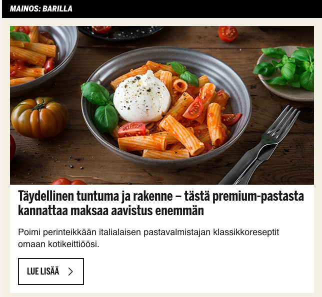 Ruoka-annos elintarvikebrändin natiivimainoksessa suomenkielisessä verkkojulkaisussa.