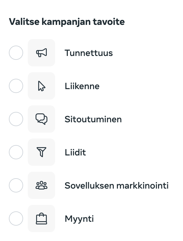Mainoskampanjoiden tavoitevalikko